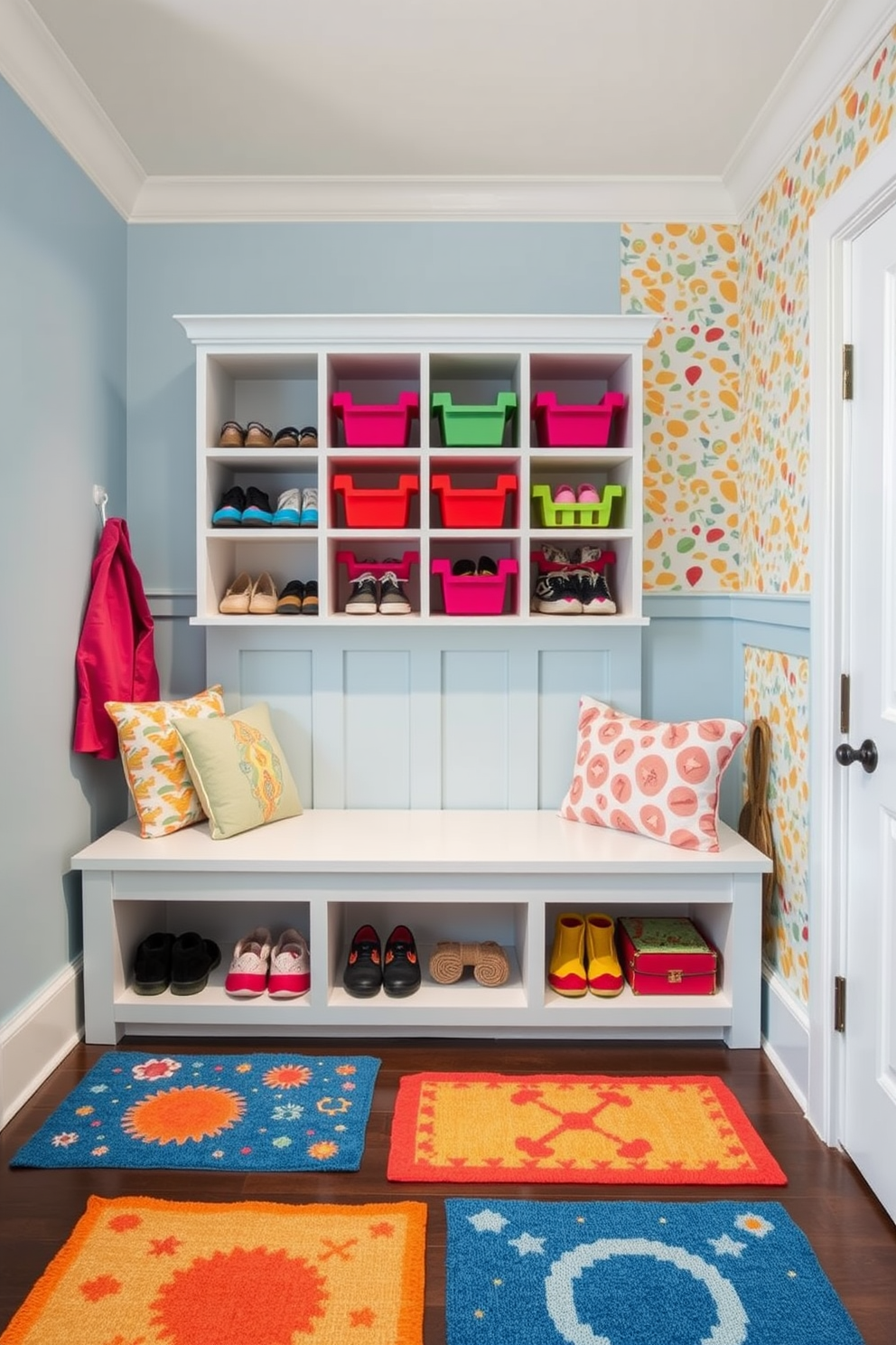 A charming mini mudroom designed specifically for kids shoes features a built-in bench with colorful cushions for comfort. Above the bench, there are open cubbies filled with vibrant storage bins for shoes and accessories, creating an organized and playful space. The walls are painted in a cheerful light blue, complemented by a fun patterned wallpaper on one accent wall. A durable, easy-to-clean floor is adorned with cheerful area rugs that add warmth and style to the area.