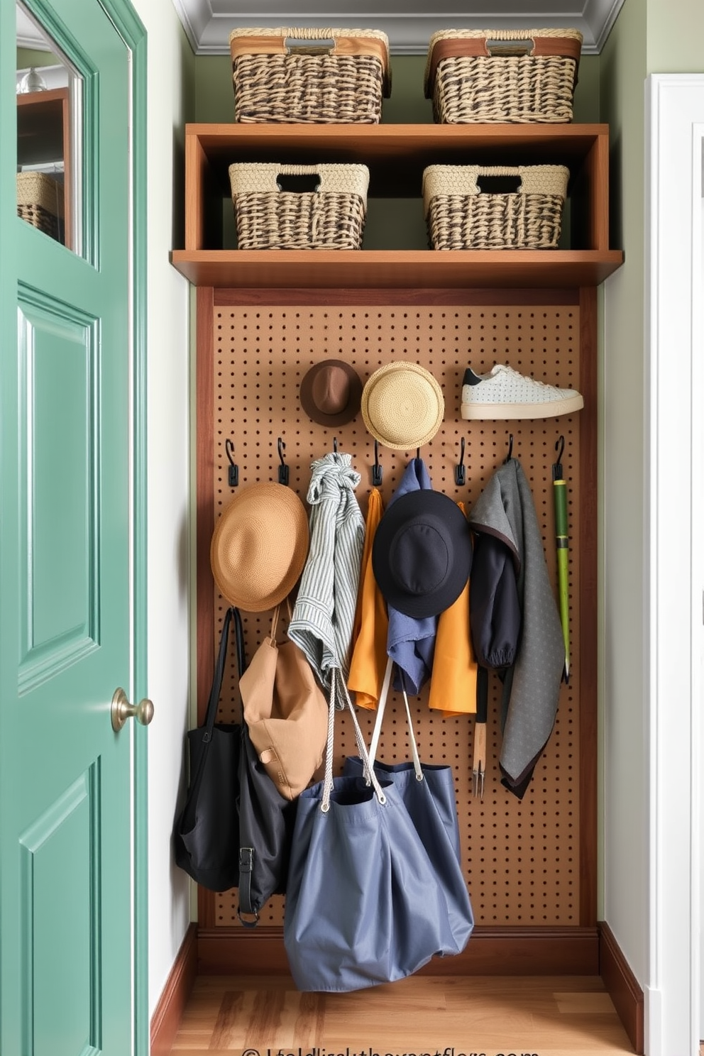 A summer mudroom features a stylish pegboard mounted on the wall for versatile storage and organization. The pegboard is adorned with hooks for hanging bags, hats, and tools, while shelves above hold decorative baskets for additional storage.