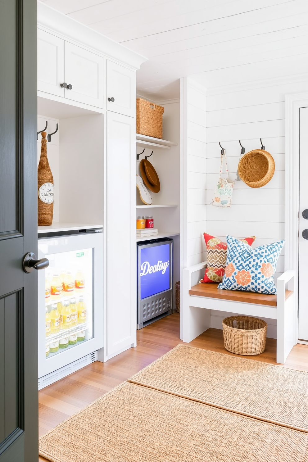 A bright and airy mudroom designed for summer relaxation. The space features a small fridge tucked into a built-in cabinet, perfect for storing refreshments. Light-colored shiplap walls create a fresh backdrop, while a woven rug adds texture underfoot. A bench with colorful cushions invites guests to sit, and hooks line the wall for hanging summer gear.