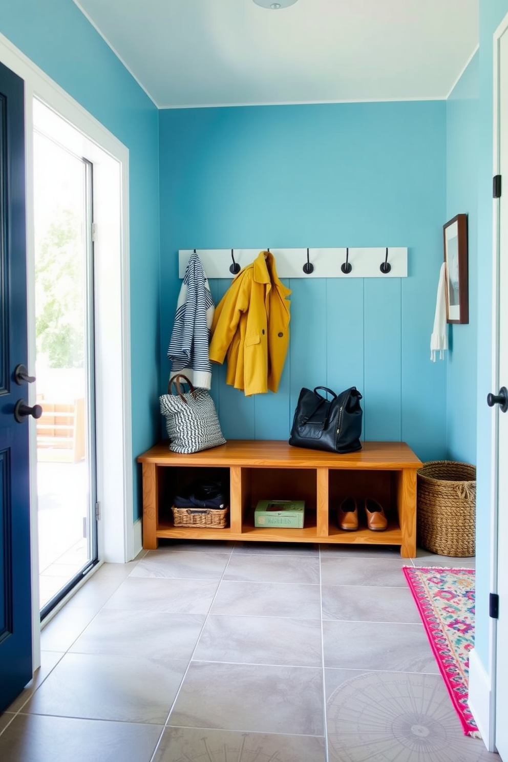 A bright and inviting mudroom features durable materials designed to withstand high traffic. The walls are painted in a soft blue hue, complemented by a sturdy wooden bench with built-in storage underneath. On the floor, large ceramic tiles in a neutral tone provide easy maintenance and a stylish touch. Hooks line the wall for hanging coats and bags, while a colorful rug adds warmth and personality to the space.