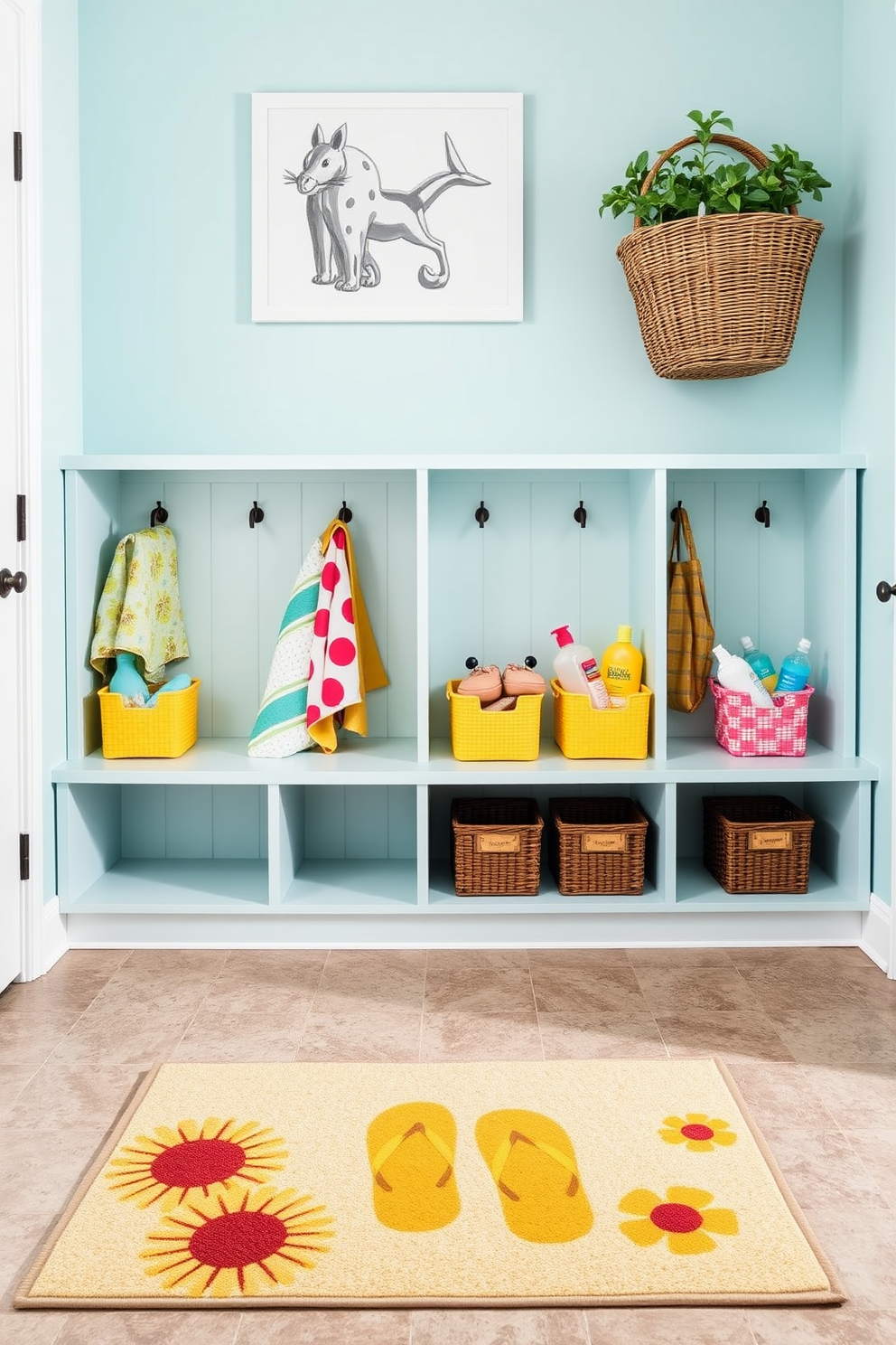 A bright and cheerful summer mudroom features a spacious area with built-in cubbies for storage. The walls are painted in a light sky blue, and the floor is adorned with a durable, textured tile that can withstand outdoor elements. In front of the entrance, a fun summer-themed doormat welcomes guests with a vibrant design of sunflowers and flip-flops. Colorful baskets filled with beach towels and sunscreen are neatly arranged in the cubbies, adding a playful touch to the space.