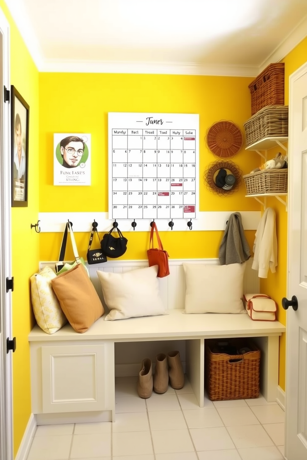 A stylish mudroom designed for summer organization. The space features a built-in bench with soft cushions and a row of hooks for hanging bags and jackets. Bright yellow walls create a cheerful atmosphere, complemented by a durable white tile floor. A large calendar hangs on the wall, surrounded by decorative baskets for storing outdoor gear and seasonal items.