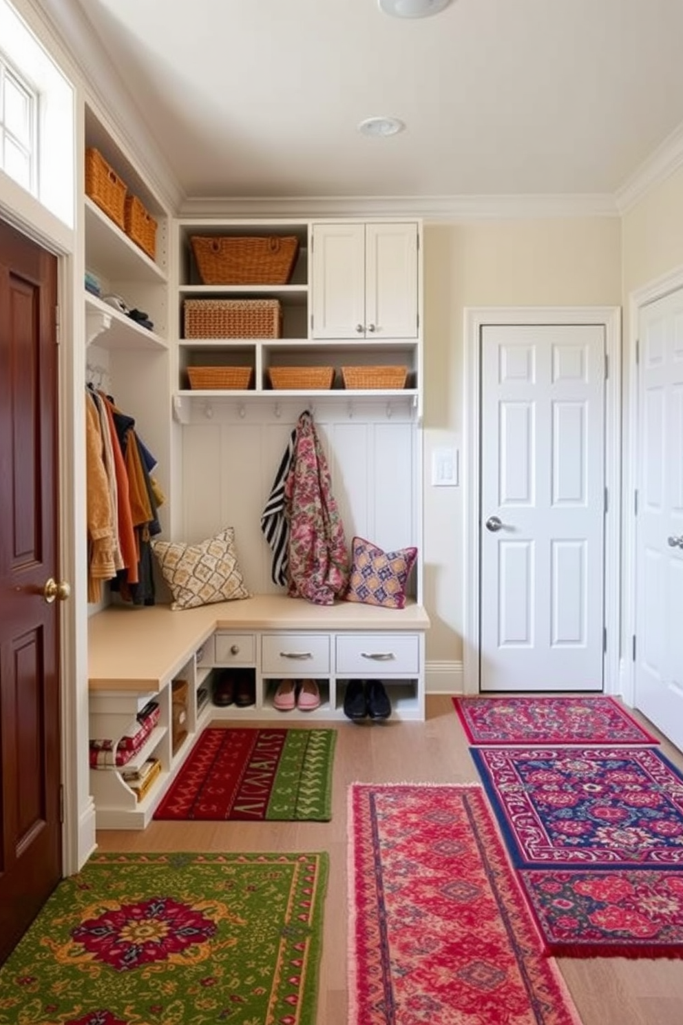 A vibrant mudroom featuring colorful rugs that brighten the space. The walls are painted in a light pastel hue, creating a cheerful atmosphere that complements the rugs. Storage solutions include a combination of open shelving and closed cabinets, providing both functionality and style. A bench with cushions invites guests to sit and remove their shoes, enhancing the welcoming vibe of the room.