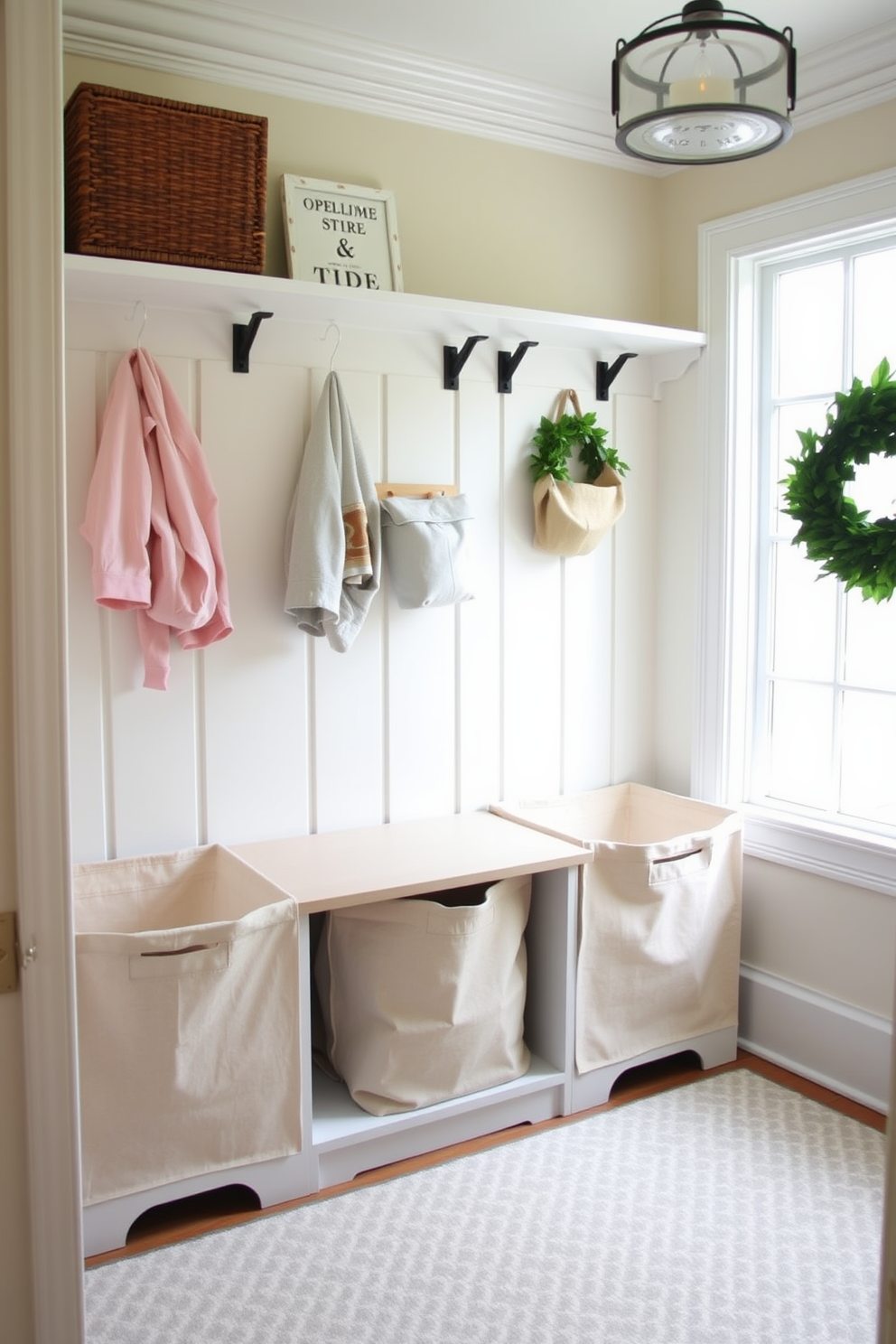 A bright and airy mudroom featuring fabric bins in soft pastel colors for easy access to everyday items. The walls are painted in a light cream hue, and the floor is covered with a durable yet stylish patterned rug.