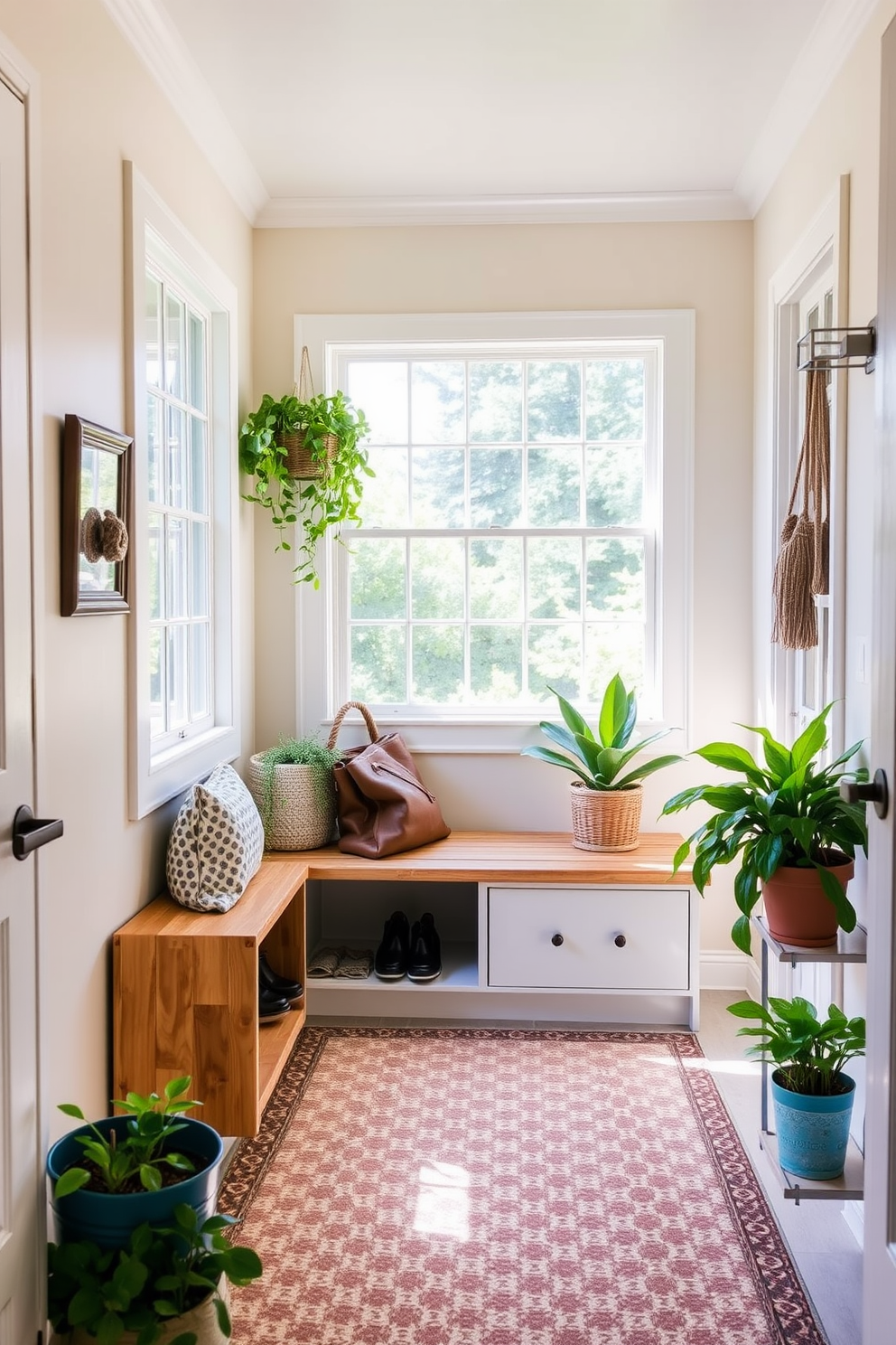 A bright and inviting summer mudroom features a large window that allows ample natural light to flood the space. The walls are painted in a soft pastel hue, and the floor is covered with a durable yet stylish patterned rug. A wooden bench with storage underneath provides a perfect spot for shoes and bags. Potted plants are placed strategically around the room, adding a touch of natural beauty and freshness to the decor.