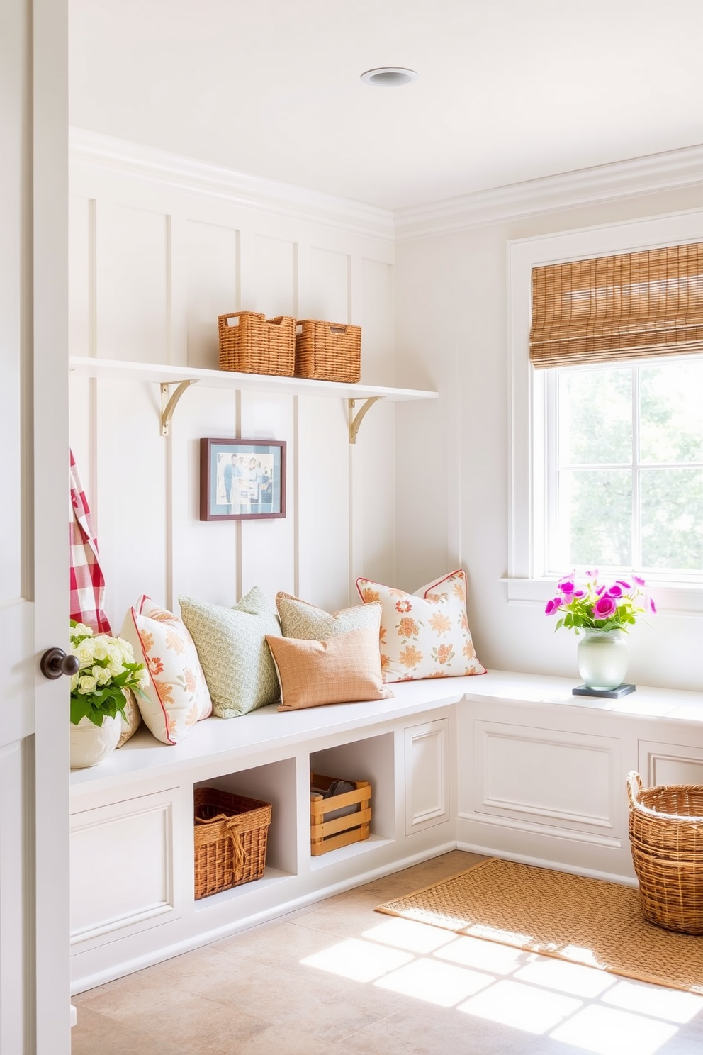 Create a cozy seating area in a summer mudroom featuring a built-in bench adorned with colorful cushions. The walls are painted in a light airy tone, and natural light streams in through a large window, creating a welcoming atmosphere.