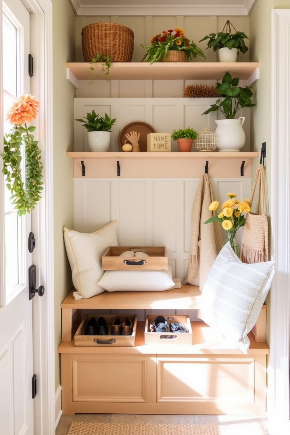 A bright and airy mudroom features a light wood bench with plush cushions for comfort. Decorative trays are placed on the bench to organize shoes and accessories, adding a touch of style. The walls are painted in a soft pastel color, creating a welcoming atmosphere. Potted plants and seasonal decor are arranged on the shelves, enhancing the summer theme.