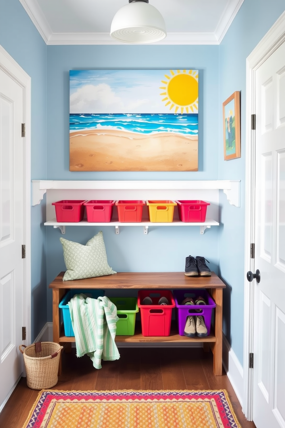 A bright and airy mudroom adorned with summer-themed artwork. The walls are painted in a soft blue, and a large canvas depicting a sunny beach scene hangs prominently above a rustic wooden bench. Colorful storage bins are neatly arranged on shelves, providing organization for shoes and outdoor gear. A woven rug in vibrant hues adds a touch of warmth and comfort to the space.