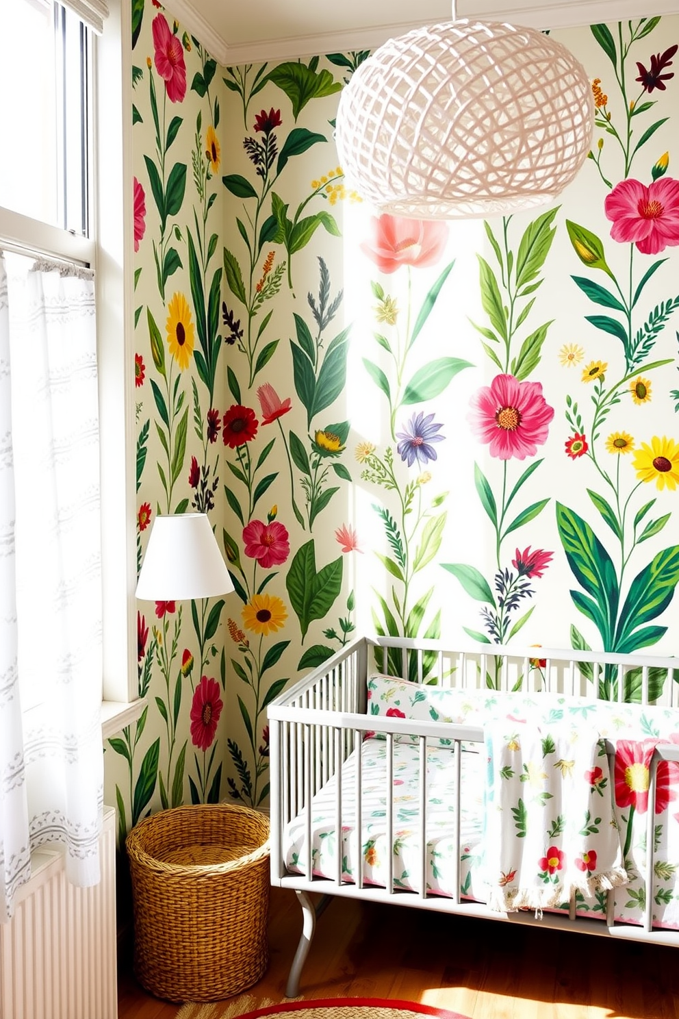 Bright botanical prints adorn the nursery walls creating a vibrant and cheerful atmosphere. The room is filled with natural light that highlights the playful colors of the prints and enhances the overall decor.