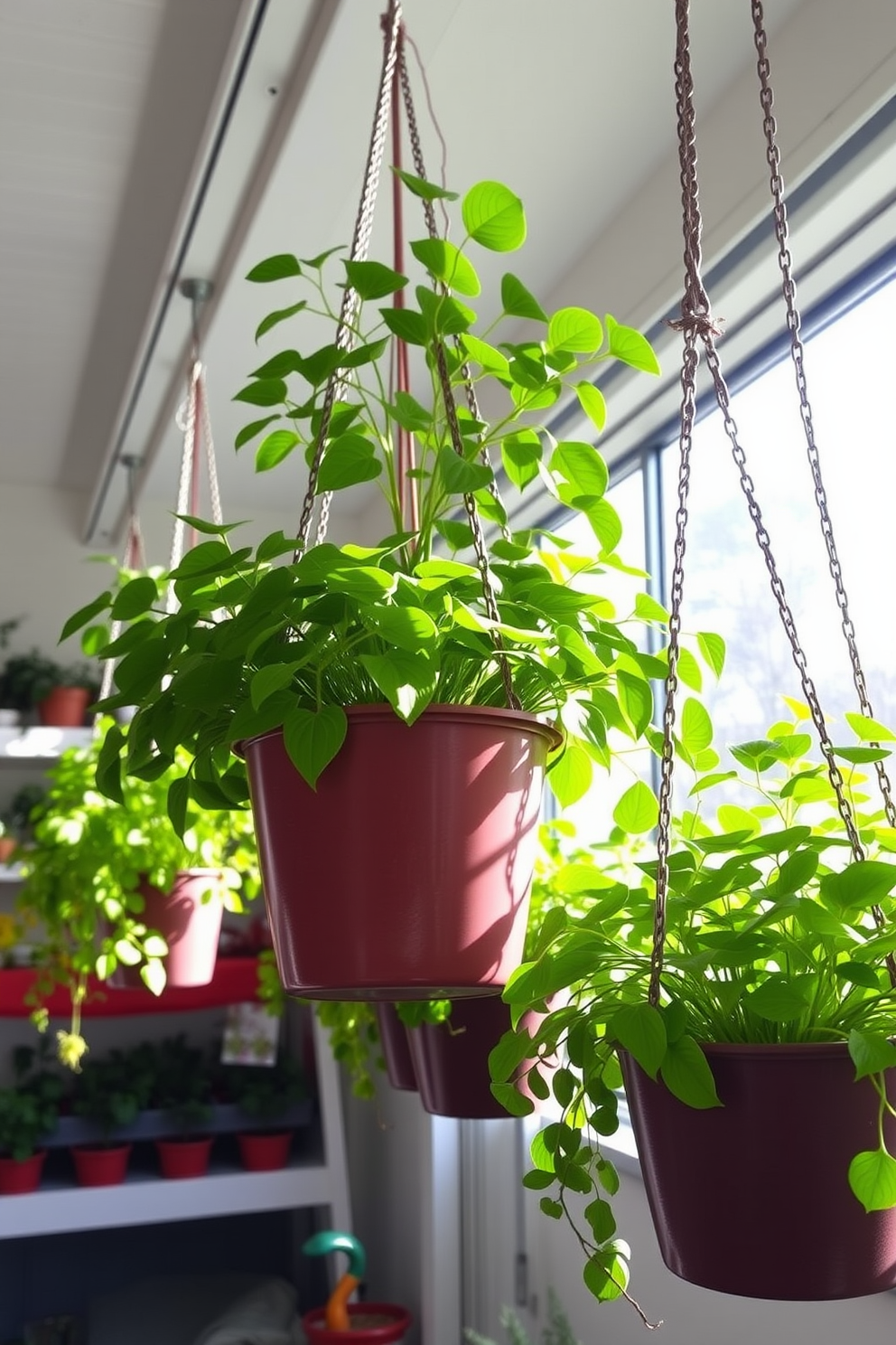 Hanging planters filled with vibrant green plants create a refreshing and lively atmosphere in the summer nursery. The planters are suspended from the ceiling at varying heights, allowing sunlight to filter through the leaves and brighten the space.