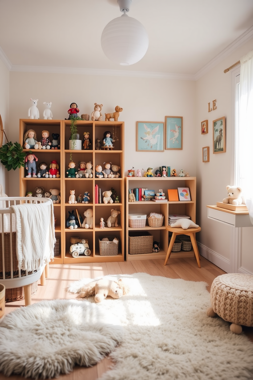 A cozy summer nursery featuring vintage toys as decorative elements. The room is filled with soft pastel colors and natural light, creating a warm and inviting atmosphere. A wooden bookshelf displays an array of charming vintage toys, adding character to the space. Plush rugs and whimsical wall art enhance the playful yet serene environment.