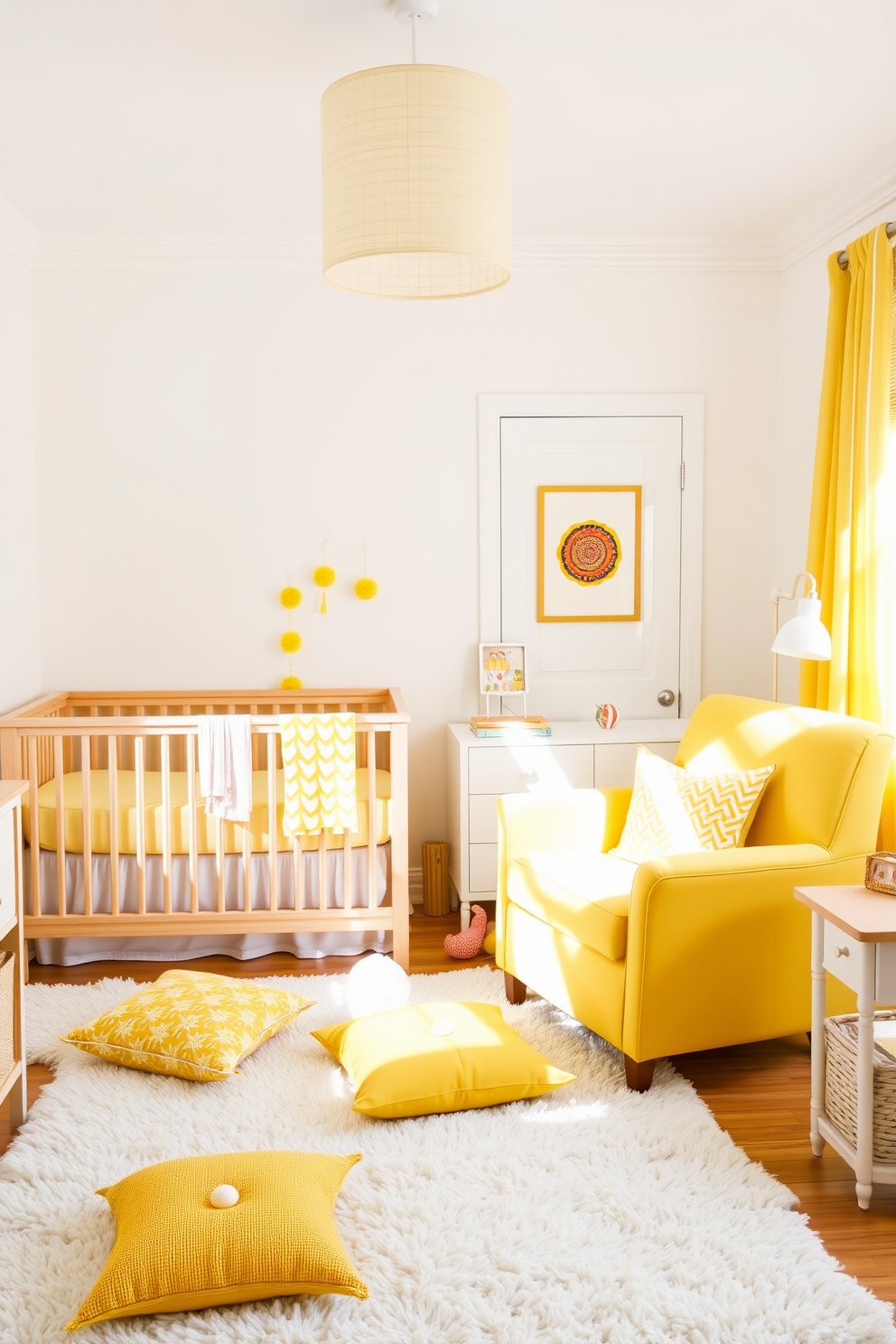 A bright and airy nursery filled with sunshine yellow accents creates a cheerful atmosphere. The walls are painted in a soft white, and the furniture features light wood tones to enhance the sunny theme. A cozy crib with yellow bedding is positioned against one wall, while a plush yellow armchair sits in the corner for comfortable seating. Decorative yellow cushions are scattered on a soft area rug, adding warmth and playfulness to the space.