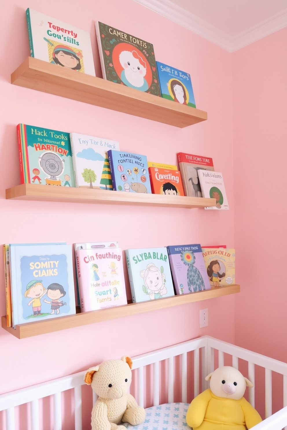 A cozy summer nursery features floating shelves adorned with a curated selection of colorful children's books. The walls are painted in a soft pastel hue, and plush toys are neatly arranged on the shelves for a playful touch.