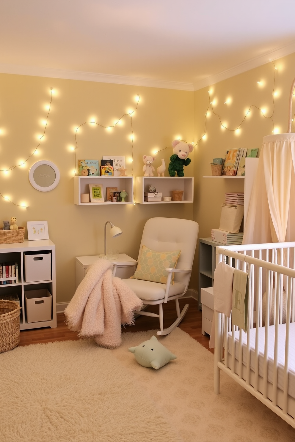 A cozy nursery bathed in soft lighting created by delicate fairy lights strung along the walls. The room features a pastel color palette with gentle hues of yellow and mint green, complemented by plush rugs and whimsical decor. A comfortable rocking chair sits in the corner, adorned with a fluffy throw blanket and colorful cushions. Shelves filled with children's books and toys add a playful touch, while a crib with a soft canopy invites peaceful slumber.