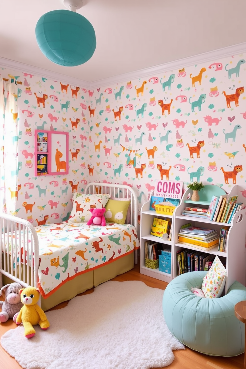 A whimsical nursery filled with playful animal prints that create a fun and inviting atmosphere. The walls are adorned with colorful wallpaper featuring various cute animals, and the bedding showcases matching patterns. Bright and cheerful accents in pastel colors enhance the playful theme, with plush toys scattered throughout the room. A cozy reading nook is created with a small bookshelf filled with children's books and a soft rug for comfort.