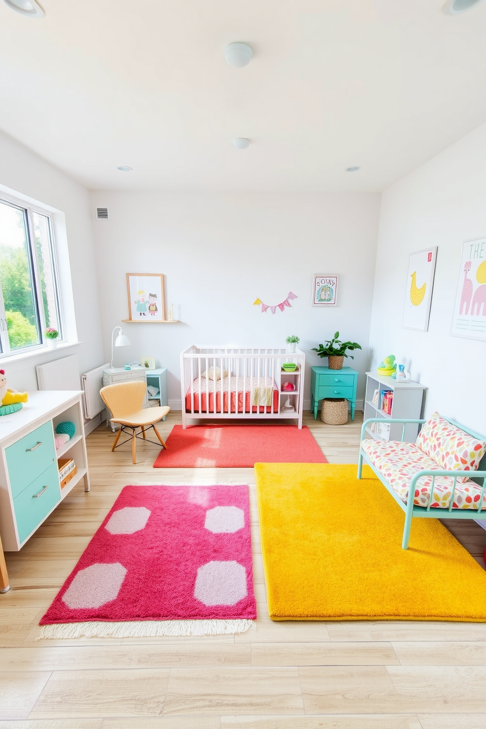 Lightweight furniture designed for easy rearrangement fills the space, allowing for flexibility and comfort. The color palette features soft pastels with playful accents, creating a cheerful atmosphere perfect for a nursery. Brightly colored rugs define play areas, while whimsical wall art adds character to the room. Natural light floods in through large windows, enhancing the airy feel and inviting outdoor elements inside.