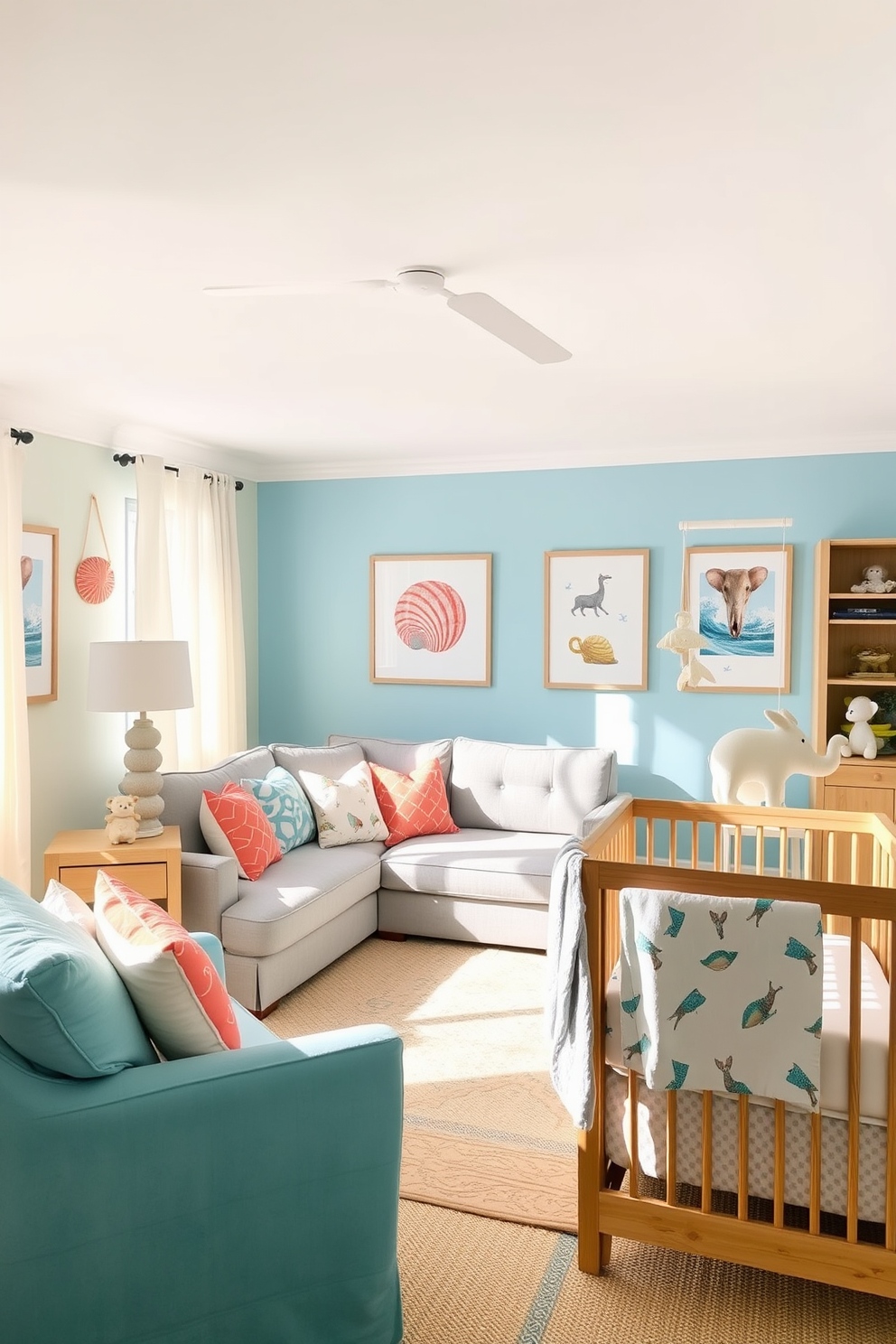 A bright and airy living space inspired by beach-themed decor. Soft blue and sandy beige colors dominate the room, with light sheer curtains allowing sunlight to filter in. Coastal artwork adorns the walls, featuring ocean waves and seashells. A comfortable sectional sofa is accented with throw pillows in coral and turquoise hues, creating a relaxed summer vibe. A cozy nursery designed for summer with playful, vibrant colors. The walls are painted in a soft pastel yellow, and whimsical animal prints decorate the space. Natural wood furniture is paired with plush, breathable fabrics for comfort. A mobile with hanging stars and clouds gently sways above the crib, creating a serene atmosphere.