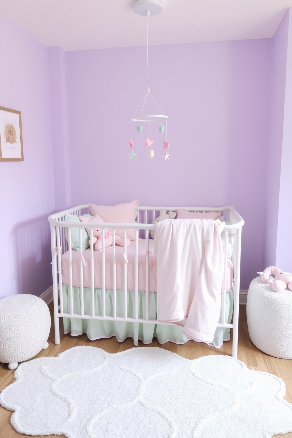 Soft pastel color palette for bedding. The nursery features a cozy crib dressed in soft pink and mint green linens, accented with plush toys and a delicate mobile overhead. The walls are painted in a light lavender hue, creating a serene atmosphere. A whimsical rug with cloud patterns lies on the floor, complementing the overall dreamy aesthetic.