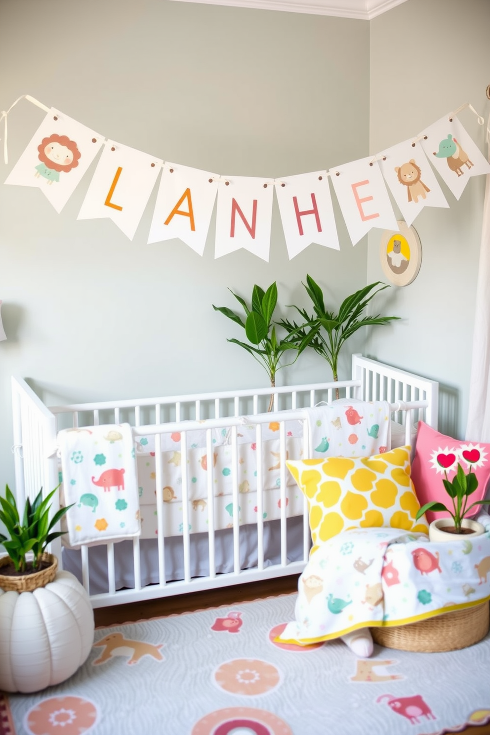 A personalized name banner is strung across the nursery, featuring soft pastel colors and whimsical designs. The banner is adorned with cute animal illustrations that match the summer theme, creating a joyful and inviting atmosphere. The nursery is decorated with light and airy fabrics, including a breathable cotton crib sheet and a cozy quilt. Brightly colored cushions and a playful rug add comfort and style, while potted plants bring a touch of nature indoors.