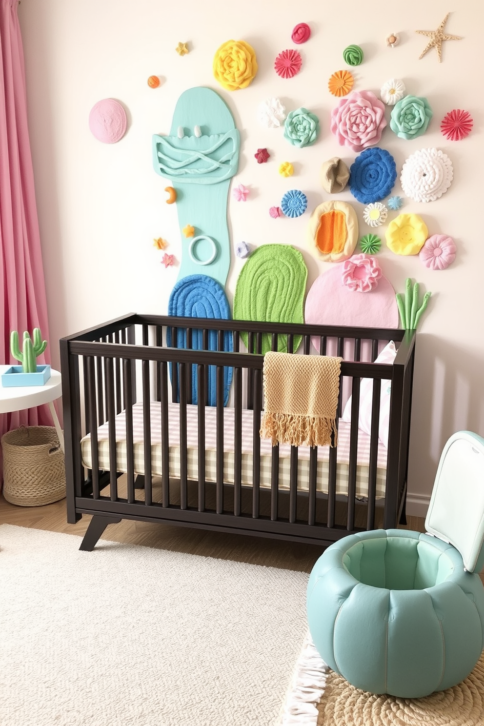 Interactive wall art for sensory play. The nursery features colorful textures and patterns that engage a child's sense of touch and sight. Summer nursery decorating ideas. Soft pastel colors and playful themes create a bright and cheerful atmosphere perfect for warm weather.