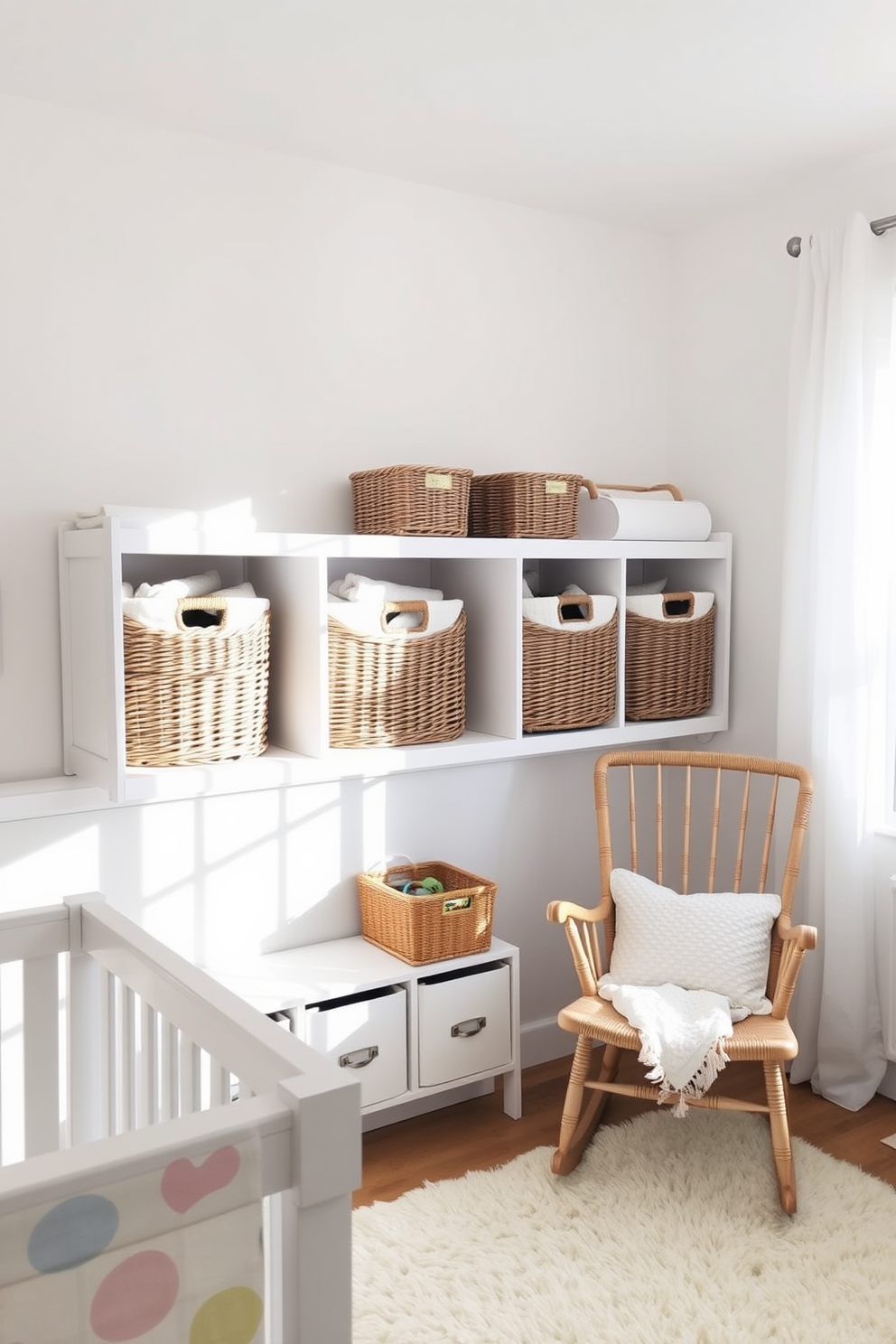 A bright and airy nursery filled with natural light. Charming wicker baskets are neatly arranged on a white shelf, providing stylish storage for toys and blankets. The walls are painted in a soft pastel hue, creating a calming atmosphere. A cozy rocking chair sits in the corner, accompanied by a plush area rug to enhance the comfort of the space.