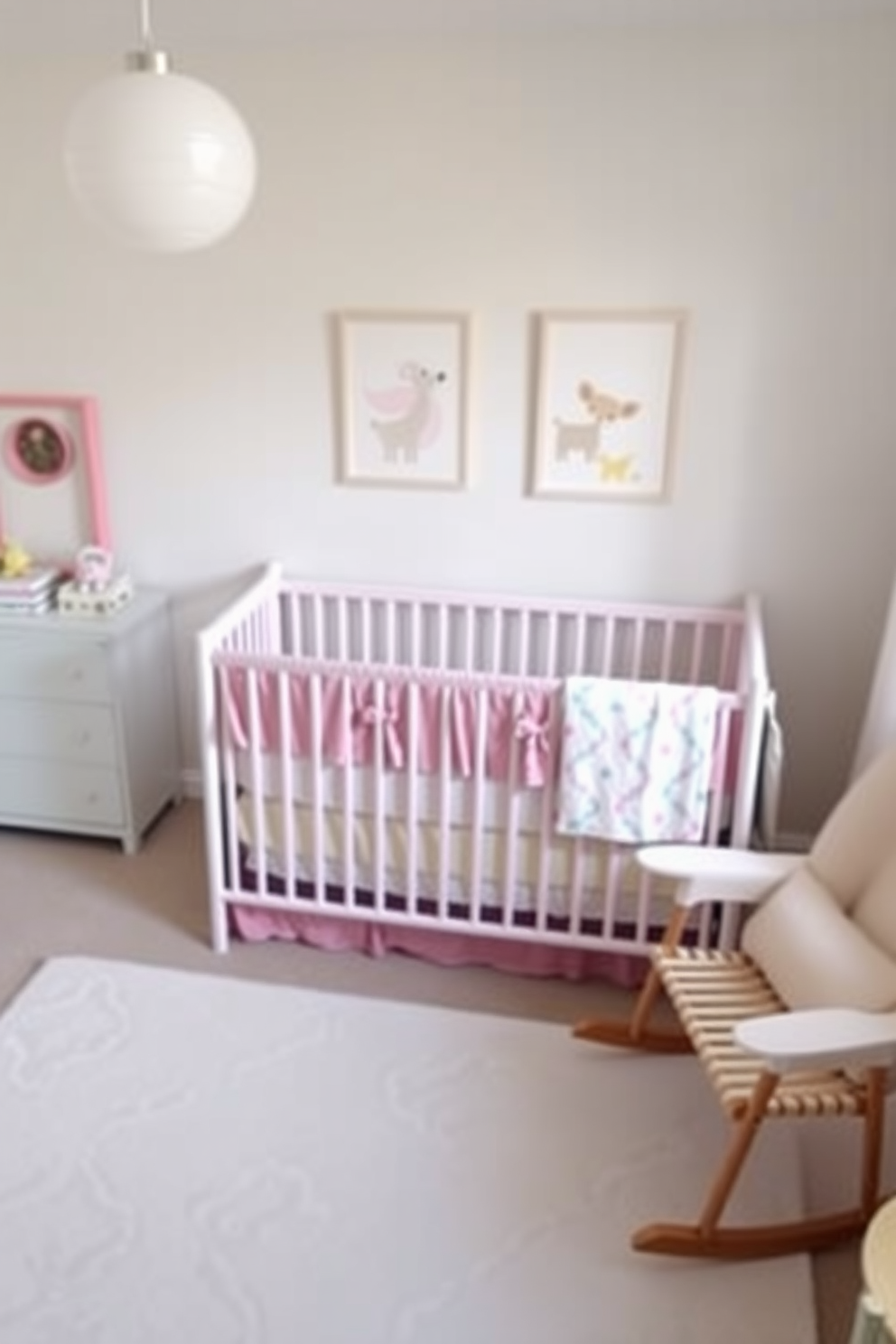 A serene nursery setting featuring pastel-colored crib sheets that evoke a sense of calm and comfort. Soft hues of pink, blue, and yellow blend harmoniously, creating a welcoming atmosphere for a baby. The walls are adorned with whimsical animal-themed artwork, enhancing the playful vibe of the room. A cozy rocking chair sits in the corner, inviting moments of relaxation and bonding.