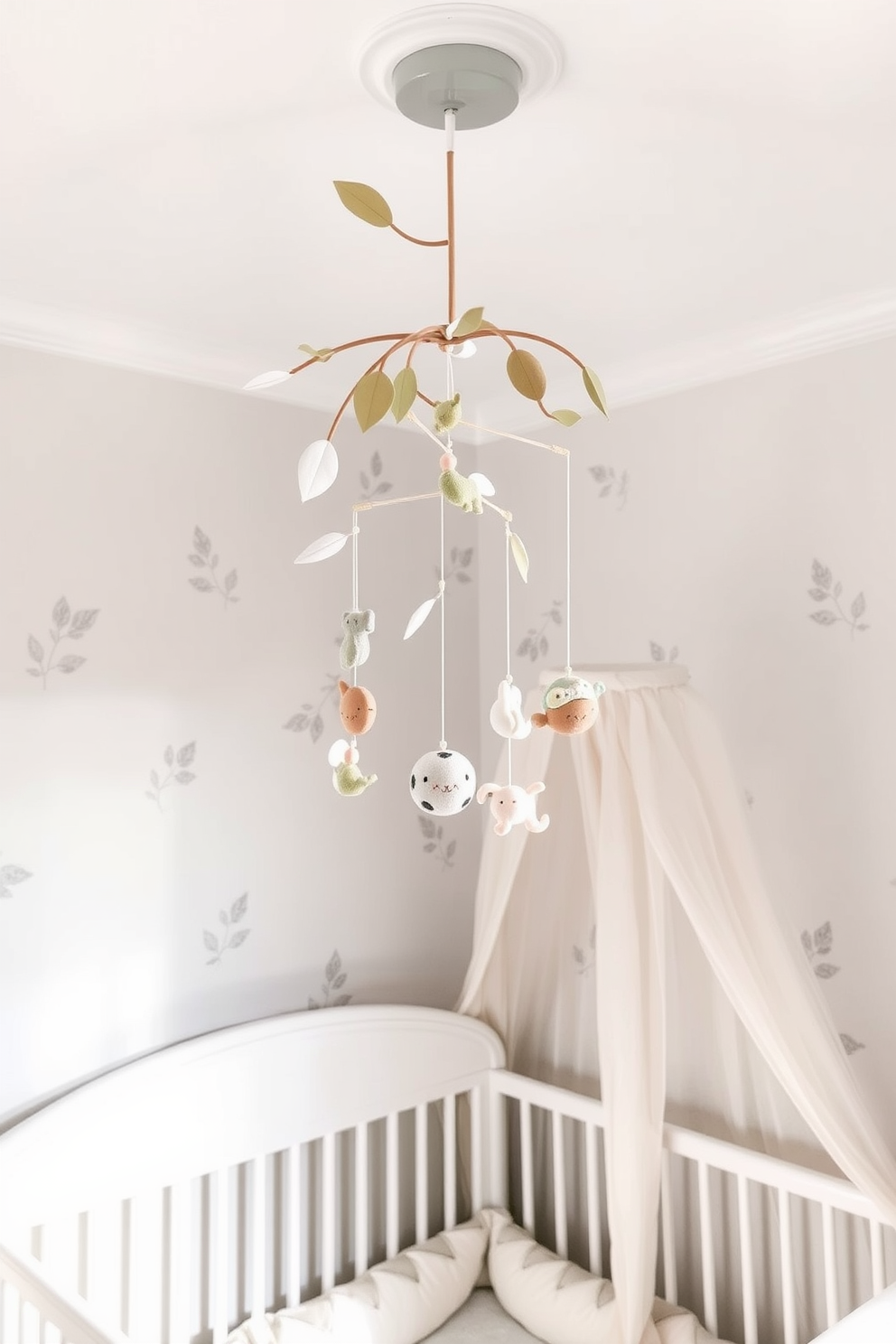 A nature-inspired mobile hangs gracefully from the ceiling, featuring delicate leaves and whimsical creatures crafted from soft fabrics. The mobile sways gently, adding a playful touch to the serene summer nursery decor. The walls are painted in a soft pastel hue, adorned with subtle botanical prints that evoke a sense of calm and connection to nature. A cozy crib is placed in the corner, draped with a lightweight canopy that complements the overall theme.