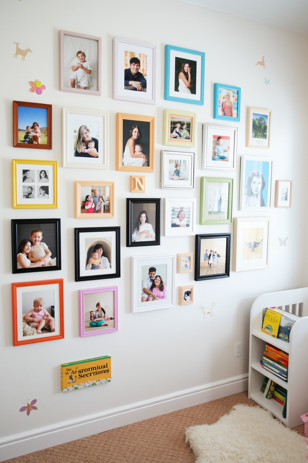 A creative wall art gallery filled with framed photographs and colorful artwork showcasing cherished memories. The gallery features a mix of sizes and styles, arranged in a visually appealing layout on a soft white wall. Summer nursery decorating ideas include pastel-colored walls adorned with playful animal decals. A cozy reading nook with a plush rug and a small bookshelf filled with children's books completes the cheerful atmosphere.