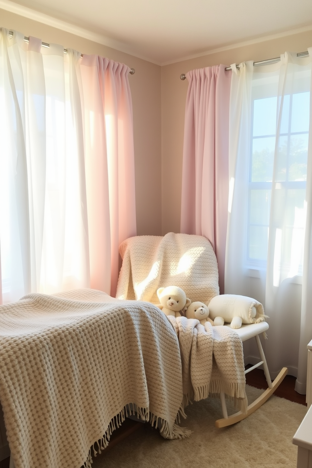 A serene summer nursery filled with soft textured throws creating a cozy atmosphere. The room features pastel colors with gentle sunlight streaming through sheer curtains, highlighting plush toys and a comfortable rocking chair.