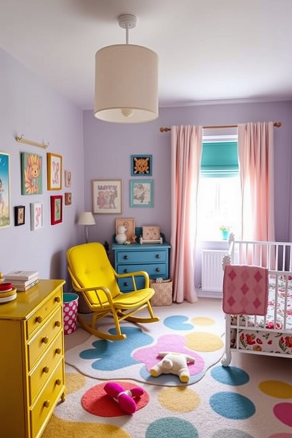 A vibrant nursery filled with mismatched furniture pieces that create a playful and eclectic atmosphere. The room features a bright yellow rocking chair, a vintage blue dresser, and a whimsical patterned crib that all complement each other despite their differences. Colorful wall art and plush toys are scattered throughout the space, adding to the cheerful ambiance. Soft pastel curtains frame the window, allowing natural light to fill the room and enhance the cozy feel of the nursery.