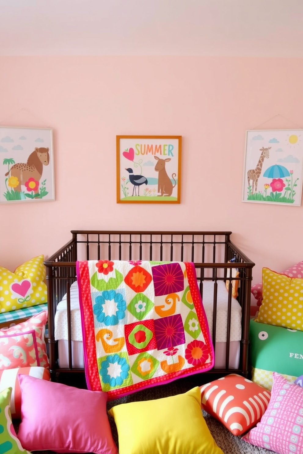 A cheerful nursery setting filled with bright accent pillows in various colors and patterns. The walls are painted in soft pastel shades, creating a warm and inviting atmosphere. A cozy crib is positioned in the center, adorned with a colorful quilt that complements the pillows. Playful artwork featuring animals and nature hangs on the walls, enhancing the summer theme.