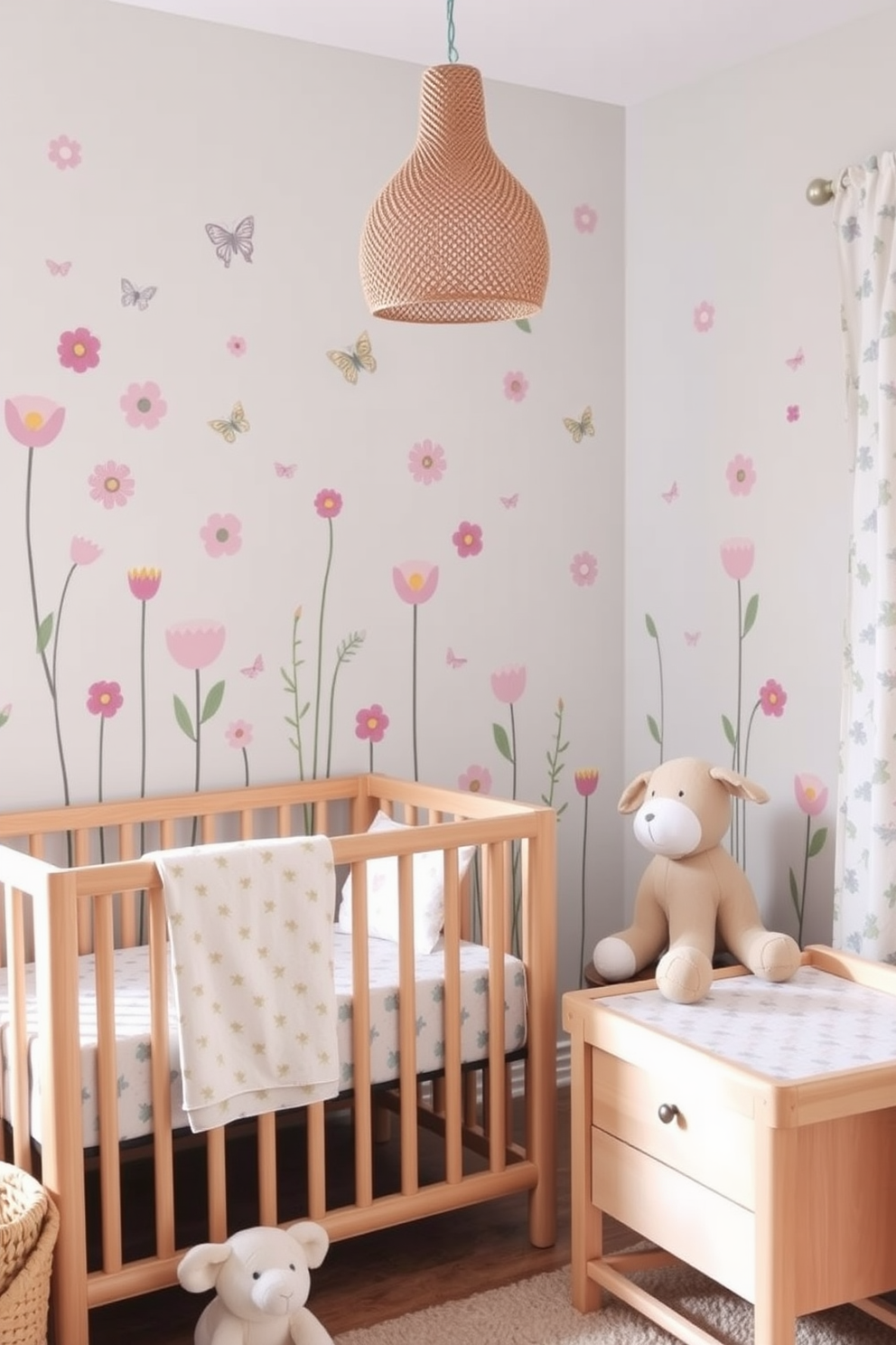 Floral wall decals in soft pastel colors create a whimsical atmosphere in the nursery. Adorned with playful designs of flowers and butterflies, the walls come alive, inviting joy and creativity. Incorporate a mix of plush toys and natural wood furniture to enhance the playful theme. Soft, breathable fabrics in cheerful patterns complete the summer nursery decorating ideas, ensuring comfort and style.