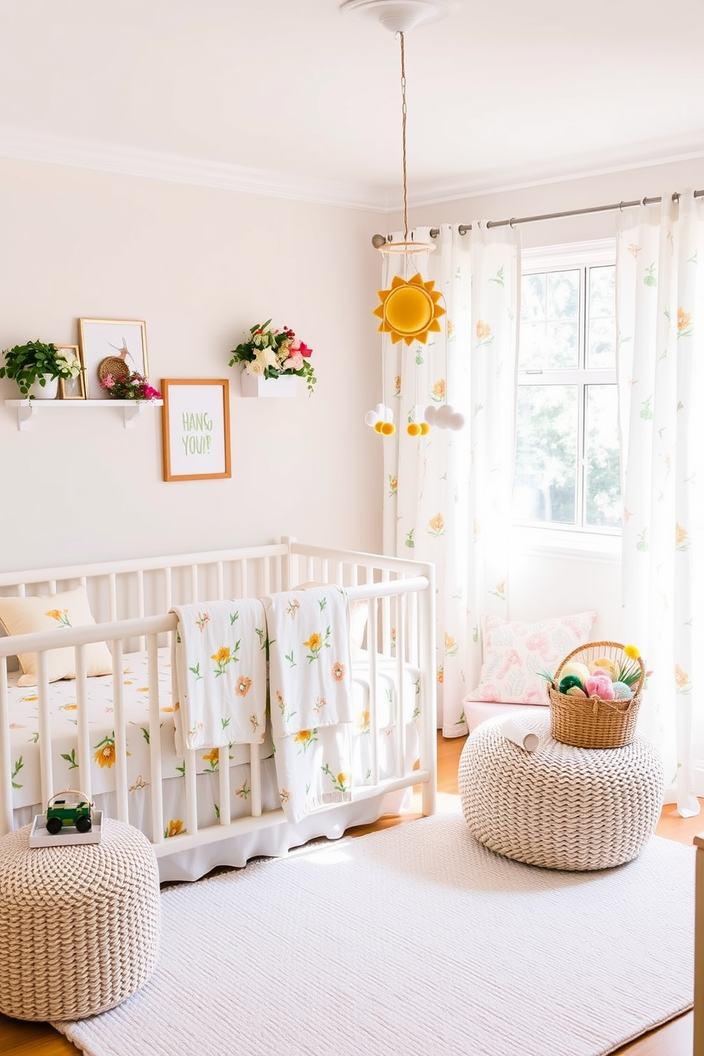 A bright and airy nursery filled with seasonal decor that brings a touch of summer. Soft pastel colors dominate the room, with playful patterns on the bedding and curtains, and a cozy reading nook adorned with plush cushions. Incorporate vibrant floral arrangements and whimsical artwork that reflect the joys of summer. A lightweight, breathable rug adds comfort underfoot, while a mobile of sun and clouds hangs gently above the crib.