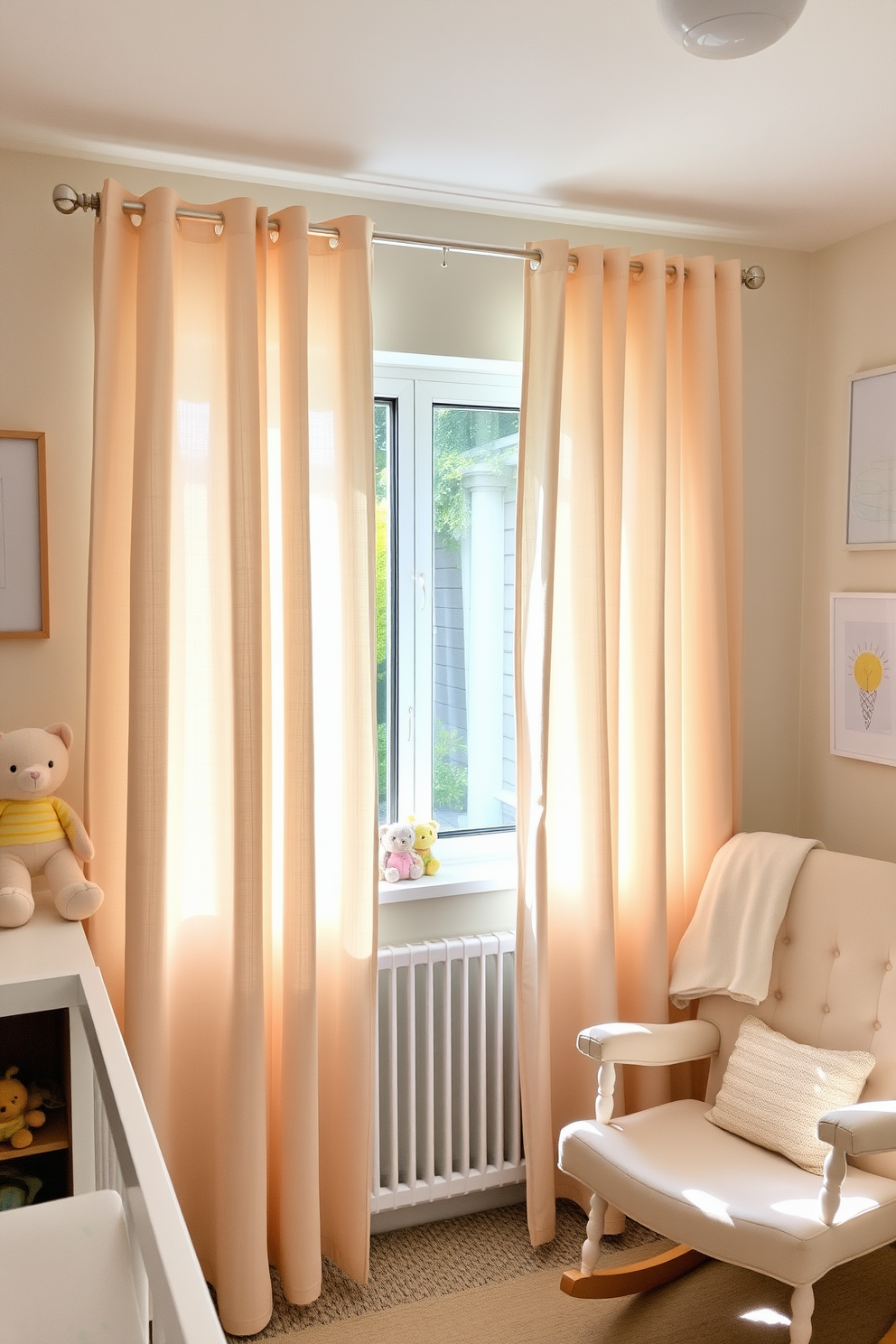 Lightweight curtains hang gracefully by the window, allowing soft natural light to filter into the space. The curtains are in a pastel shade, complementing the cheerful decor of the nursery. The room is adorned with playful summer-themed accents, including whimsical wall art and plush toys. A cozy rocking chair sits in the corner, inviting moments of relaxation and bonding.