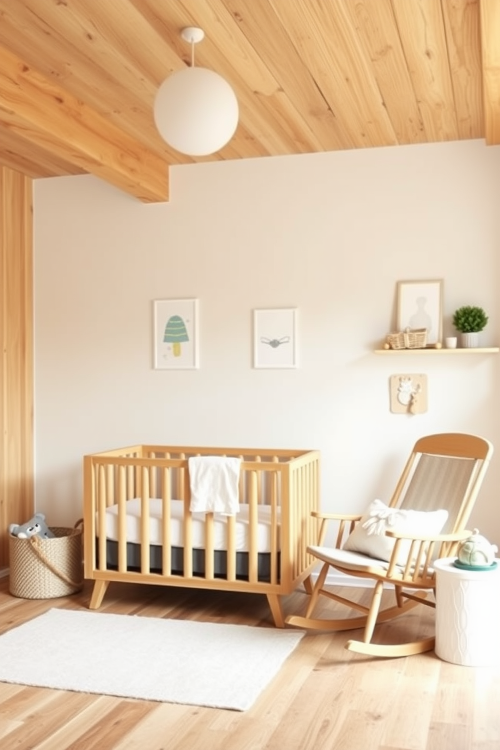 A serene nursery space filled with natural wood accents to create a warm and inviting atmosphere. Soft pastel colors adorn the walls, complemented by a stylish wooden crib, a cozy rocking chair, and playful decor elements that reflect the joys of summer.