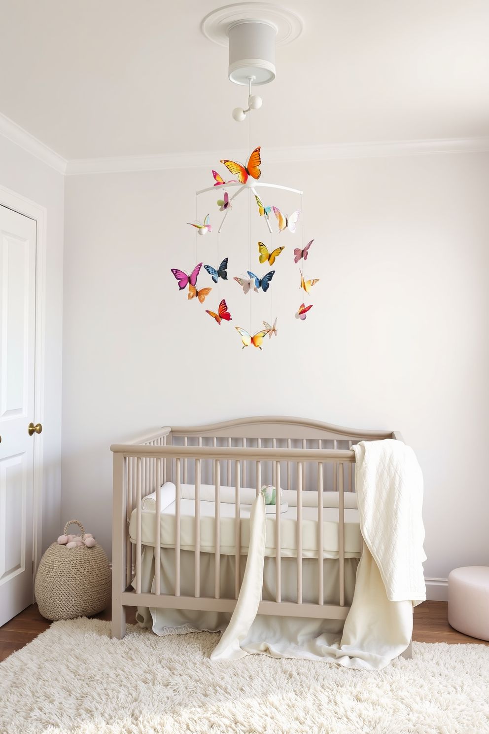 A whimsical mobile hangs gracefully from the ceiling, adorned with colorful butterflies and birds that flutter gently in the breeze. The nursery is filled with soft pastel colors, featuring a cozy crib draped in light fabric and a plush rug that invites playtime.