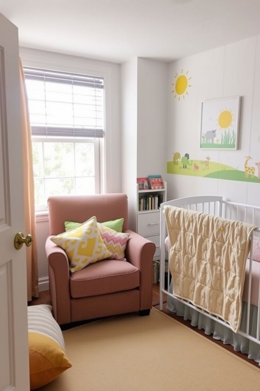 A cozy reading nook featuring a plush armchair surrounded by an array of colorful cushions. Soft natural light filters through a nearby window, illuminating a small bookshelf filled with children's books. A summer nursery decorated with pastel colors and whimsical patterns. The space includes a crib adorned with a lightweight quilt and playful wall art depicting animals in a sunny landscape.