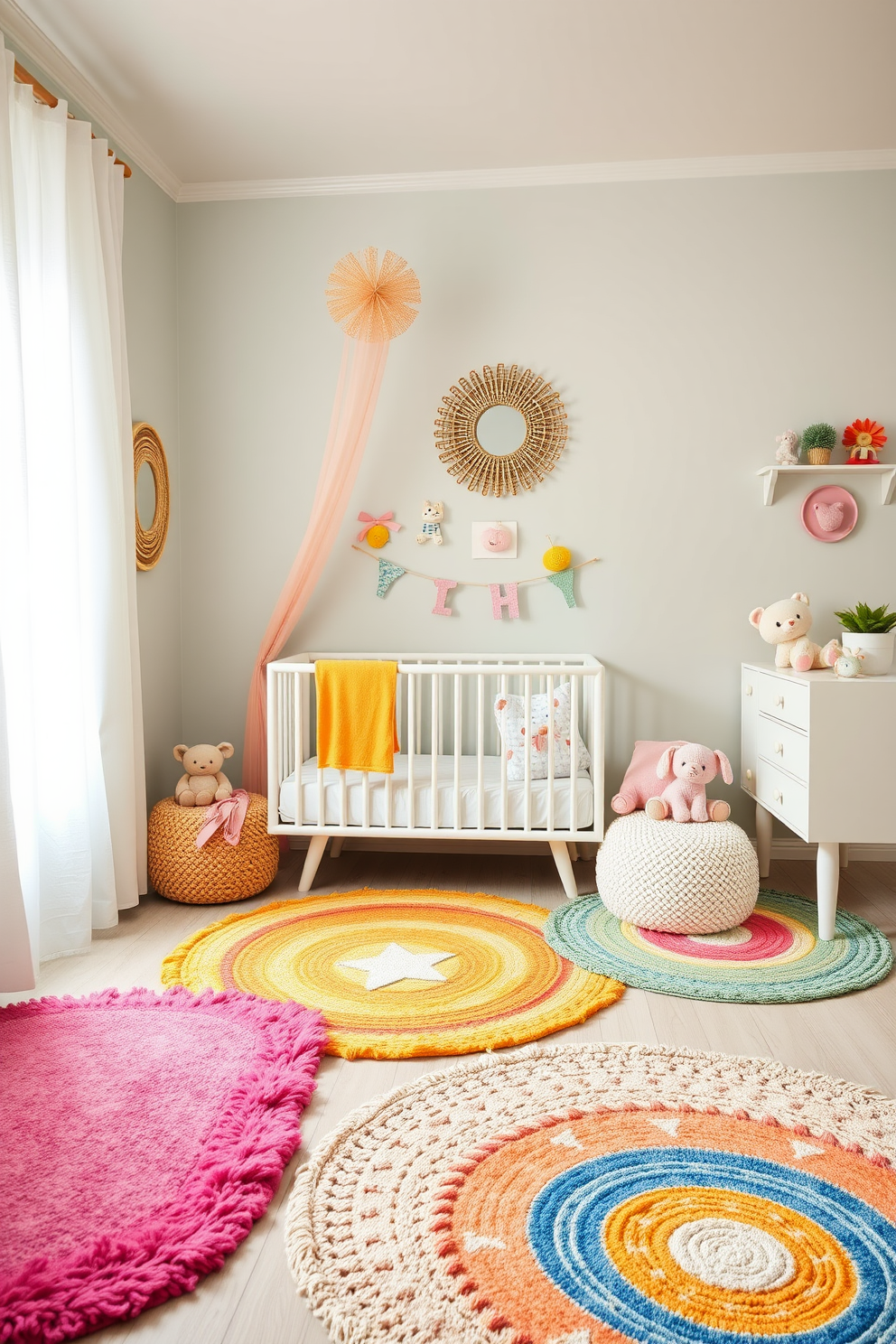 A vibrant nursery filled with playful summer colors. The floor is adorned with colorful rugs that add texture and warmth to the space. Soft pastel shades dominate the walls, creating a serene backdrop. Whimsical decorations and stuffed animals are strategically placed to enhance the joyful atmosphere.