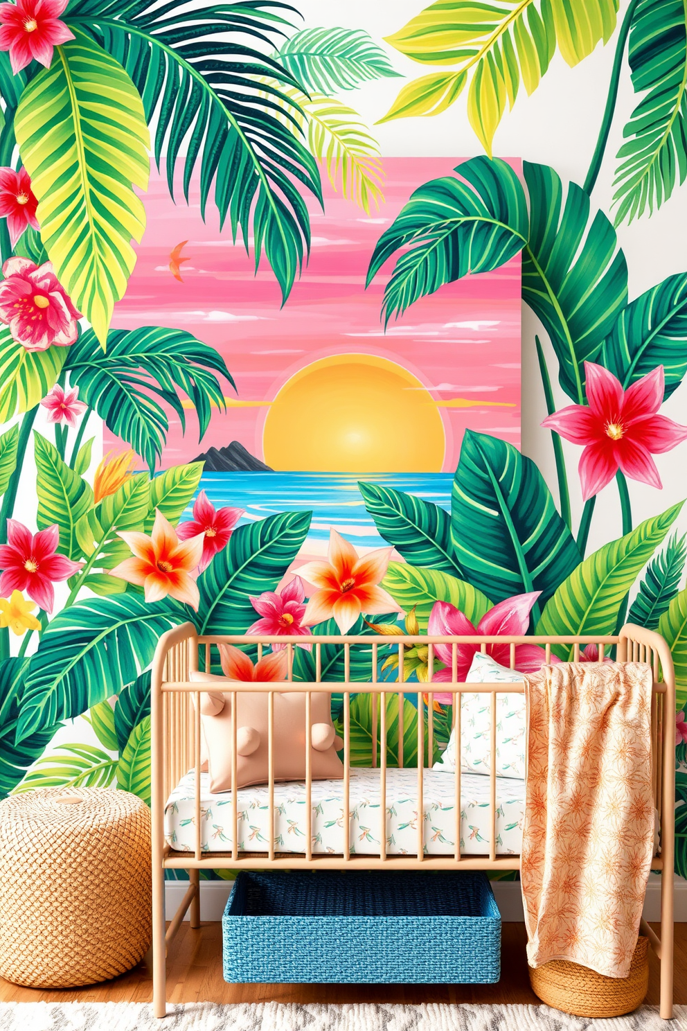 Tropical-themed artwork featuring vibrant colors and lush foliage. The scene includes palm leaves, exotic flowers, and a sunset backdrop, creating a lively and refreshing atmosphere. Summer nursery decorating ideas with a light and airy color palette. The design incorporates playful patterns, soft textures, and whimsical elements to create a cozy and inviting space for a child.