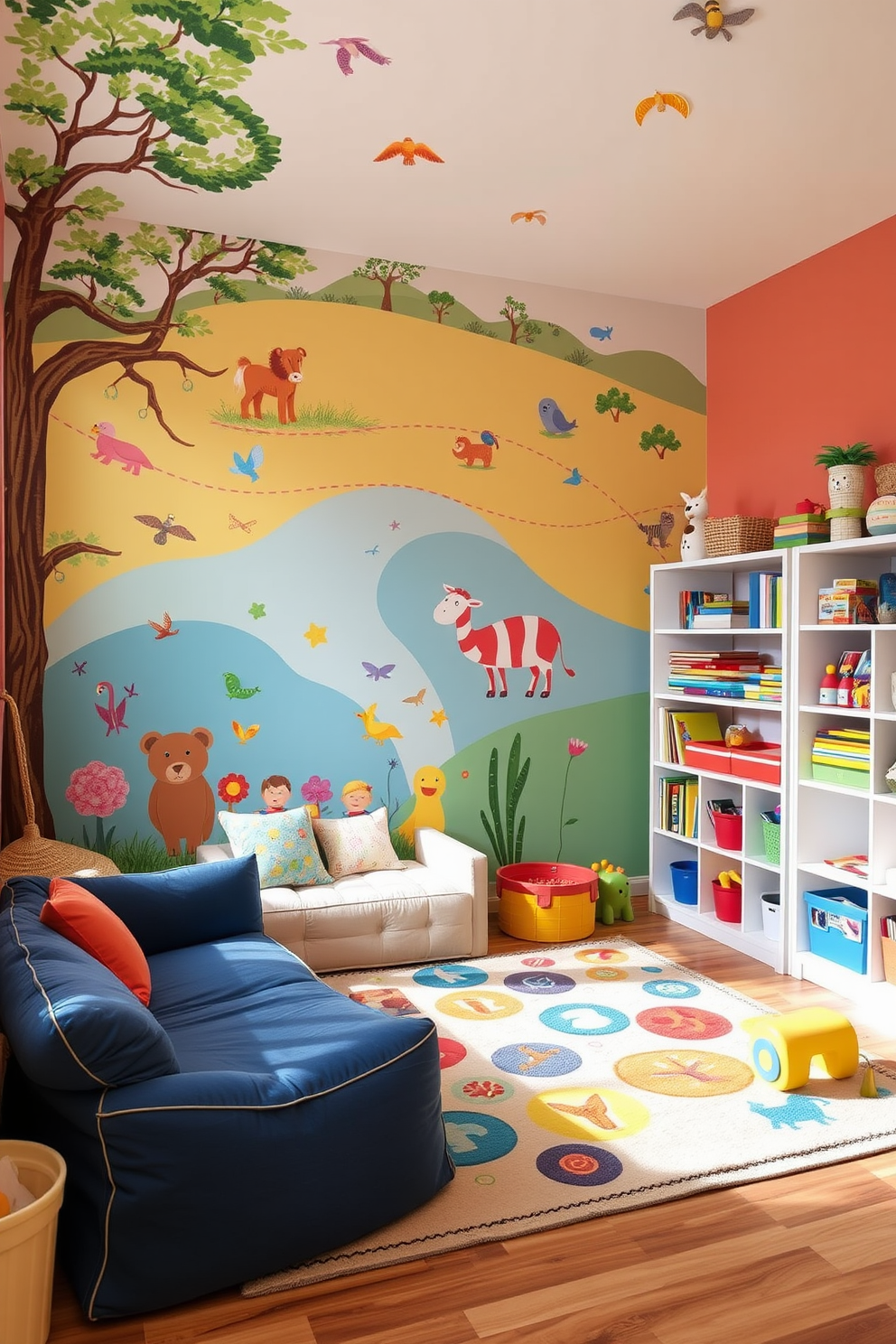 Bright colorful wall murals for kids create an inviting and playful atmosphere. The walls are adorned with vibrant scenes of nature, animals, and whimsical characters that inspire creativity and imagination. Summer playroom decorating ideas incorporate cheerful colors and fun elements. Soft, comfortable seating is arranged around a playful rug, while shelves display an array of toys and books, encouraging exploration and play.