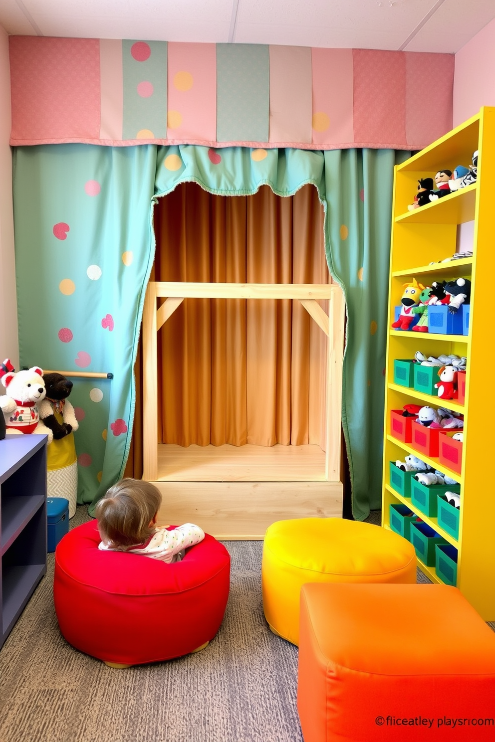 A whimsical puppet theater corner designed for a summer playroom. The area features a colorful fabric backdrop with playful patterns, and a small wooden stage for performances. Surrounding the stage are plush seating options in bright colors, inviting children to sit and enjoy the shows. Shelves filled with puppets and costumes are neatly organized nearby, encouraging imaginative play.