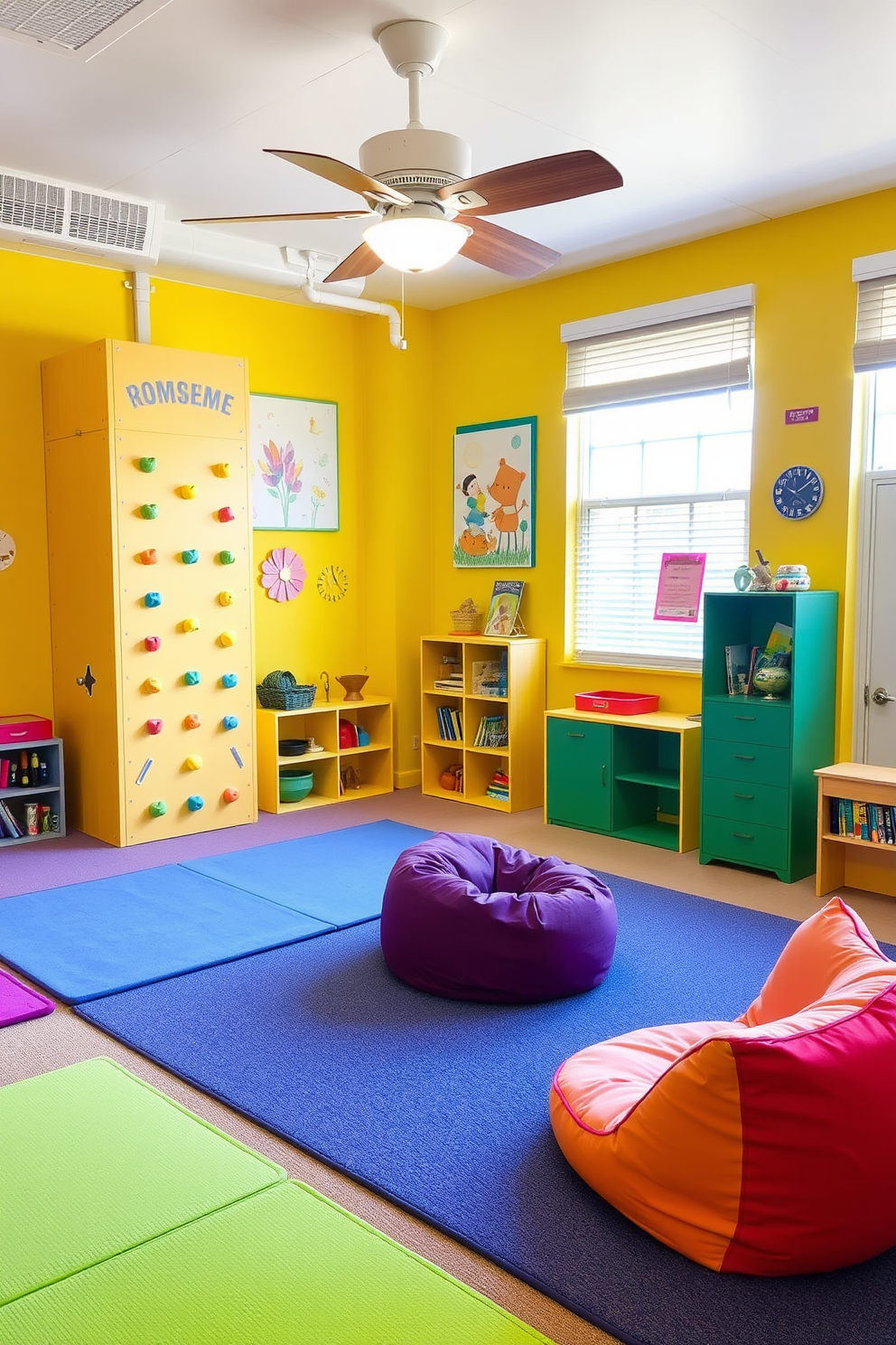 A vibrant summer playroom filled with colorful decor and playful elements. A small climbing wall is installed on one side, surrounded by soft floor mats for safety. Bright yellow walls create a cheerful atmosphere, complemented by whimsical artwork and playful furniture. Cozy bean bags and a small reading nook invite children to relax and enjoy their time in the space.