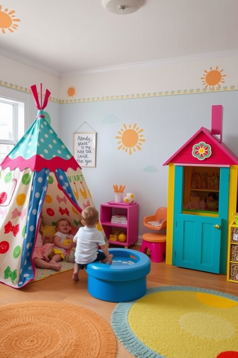 A vibrant summer playroom filled with joy and creativity. In one corner, a colorful tent with playful patterns invites children to explore and imagine. Adjacent to the tent, a cozy playhouse features bright colors and whimsical designs, creating a perfect space for storytelling. The walls are adorned with cheerful artwork, and soft rugs provide comfort for playtime activities.