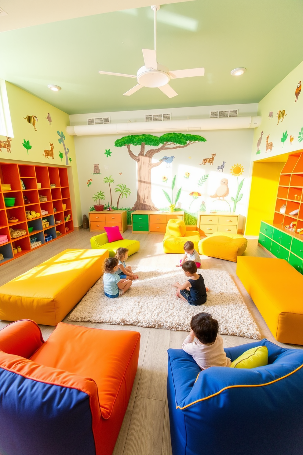 A vibrant summer playroom filled with modular furniture that allows for flexible arrangements. Brightly colored cushions and bean bags are scattered around, creating inviting spaces for play and relaxation. The walls are painted in cheerful pastel shades, complemented by playful wall decals of animals and nature. A large, soft area rug in the center provides a cozy spot for children to gather and engage in various activities.