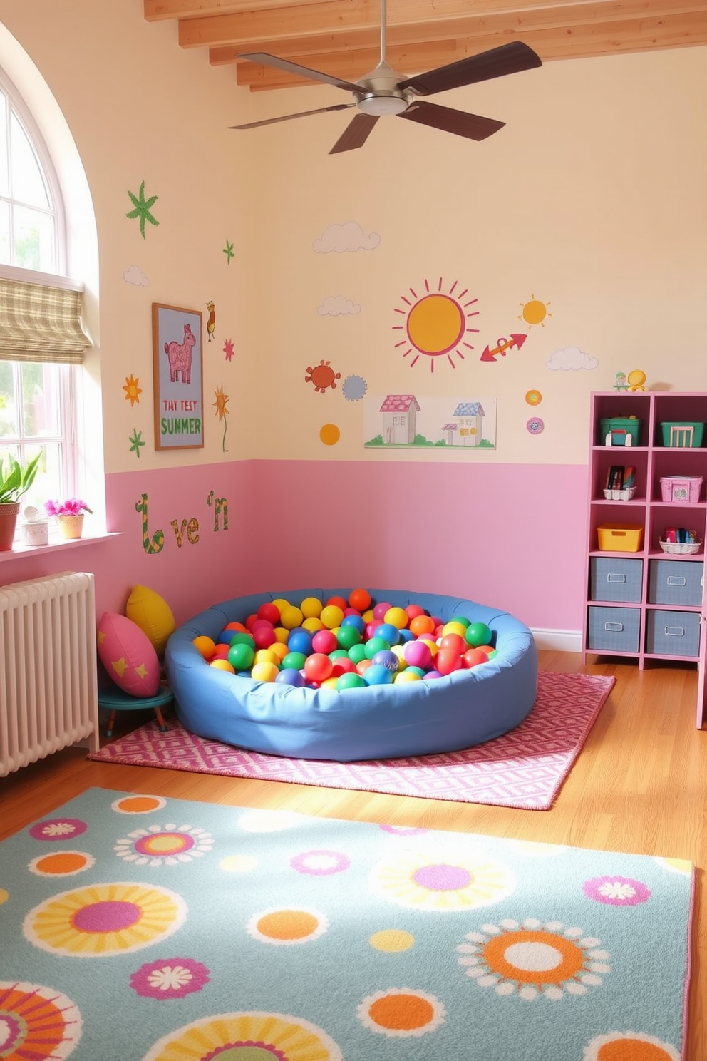 A vibrant summer playroom filled with joy and creativity. The room features a large colorful ball pit in one corner, surrounded by soft cushions for safety and comfort. Brightly patterned rugs cover the floor, providing a playful atmosphere. Walls are painted in cheerful pastel colors, adorned with fun artwork and playful decals to inspire imagination.