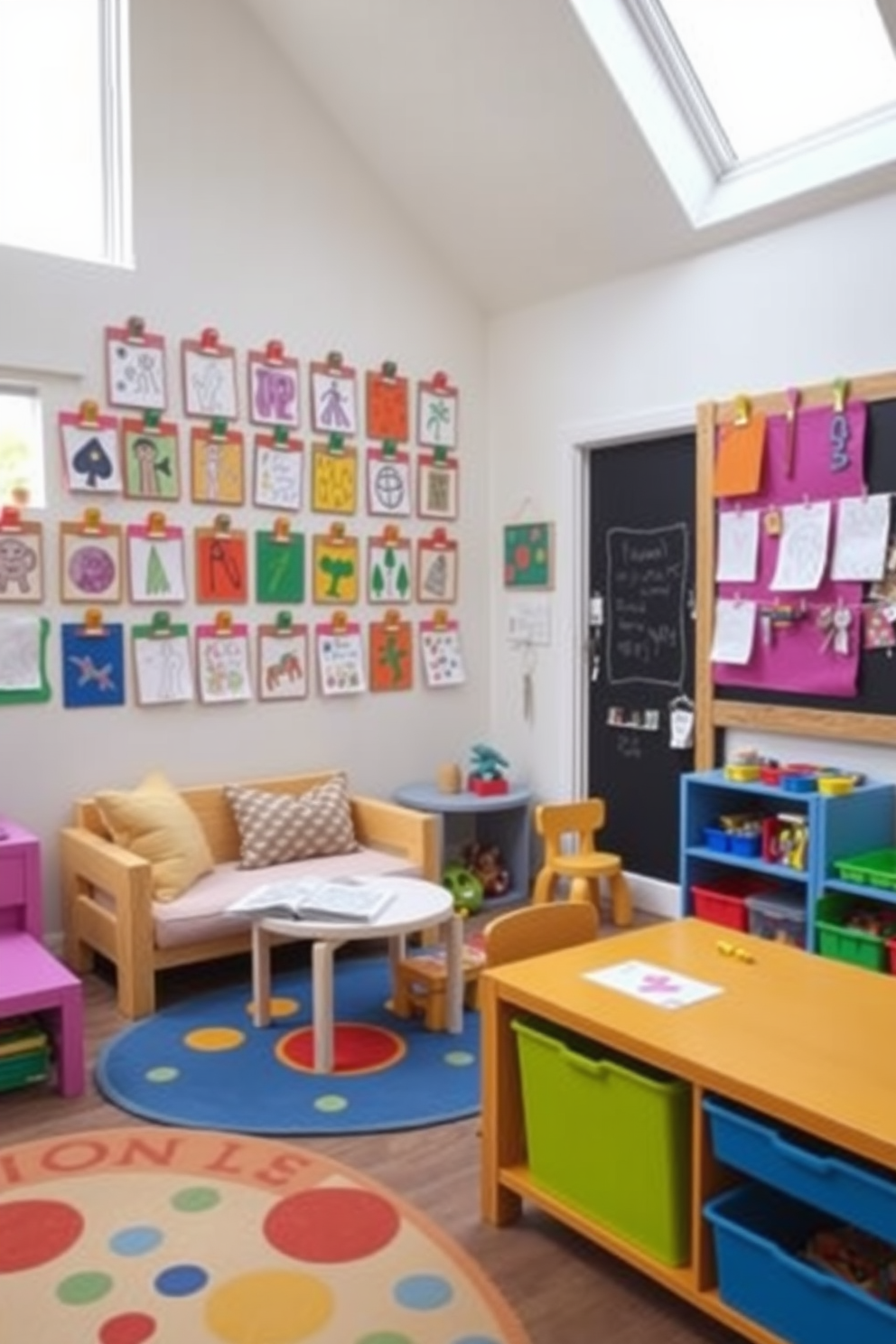 A vibrant playroom filled with natural light showcases a collection of children's artwork displayed on colorful clipboards mounted on the walls. The room features playful furniture in bright colors, with a cozy reading nook adorned with soft cushions and a whimsical rug. In one corner, a chalkboard wall invites creativity while a small table offers space for arts and crafts activities. Brightly colored bins neatly organize toys, creating an inviting and cheerful atmosphere for children to explore and play.