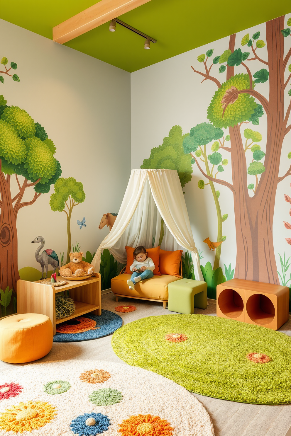 A nature-themed play area filled with vibrant colors and natural textures. The walls are adorned with murals of trees and animals, creating an immersive outdoor experience. Soft, organic materials are used for the furniture, including a cozy reading nook with a canopy made of lightweight fabric. Playful rugs resembling grass and flowers cover the floor, inviting children to explore and play.