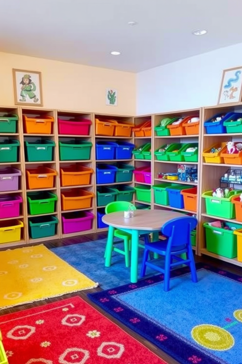 A vibrant playroom filled with colorful storage bins that provide organization and fun. The walls are painted in cheerful pastel shades, and playful artwork adorns the space. Soft rugs in bright patterns cover the floor, creating a cozy area for play. A small table with colorful chairs invites creativity and group activities.