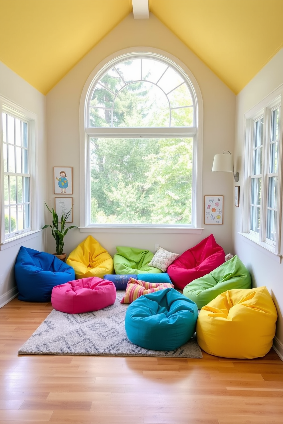 A cozy bean bag seating area is nestled in a bright and airy summer playroom. The walls are painted in soft pastel colors, and large windows let in ample natural light, creating a cheerful atmosphere. In the corner, a collection of colorful bean bags in various sizes invites relaxation and play. Around them, playful artwork adorns the walls, and a soft area rug adds warmth to the space.