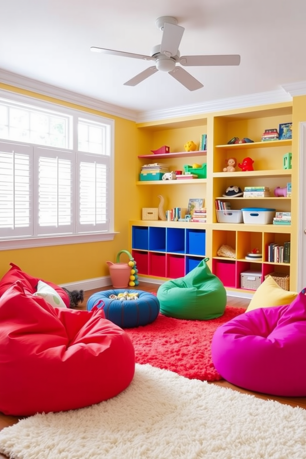 A vibrant summer playroom filled with natural light. The walls are painted in a cheerful yellow hue, and colorful open shelving is installed for easy access to toys and books. Soft, plush rugs cover the floor, providing a cozy area for play. Brightly colored bean bags and cushions create inviting seating options for children.